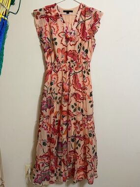 Cynthia Steffe Peach Floral Tiered Maxi Dress with Coral and Pink Accents